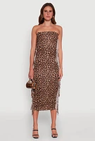 Womens Trendy Leopard Print Fringe Side Tube Dress, Brown, Size L