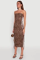 Womens Trendy Leopard Print Fringe Side Tube Dress, Brown, Size L