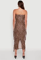 Womens Trendy Leopard Print Fringe Side Tube Dress, Brown, Size L