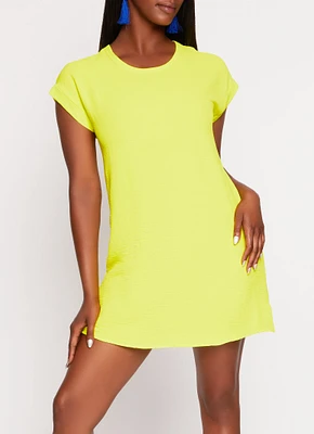 Womens Crepe Knit Short Sleeve Shift Dress, Yellow, Size M