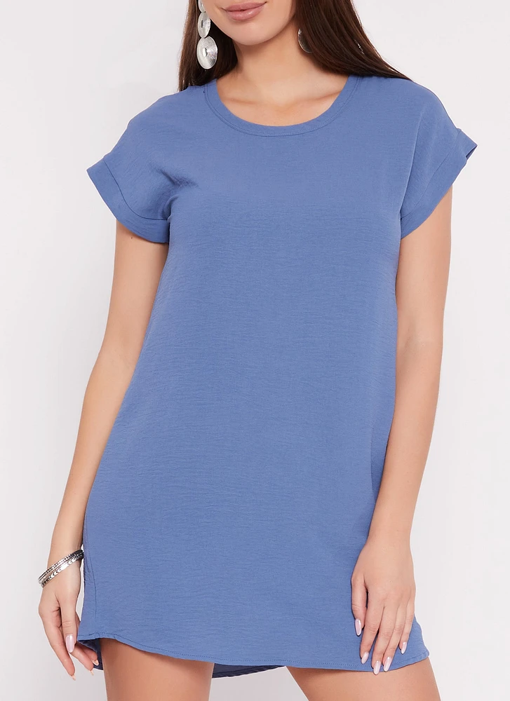 Womens Crepe Knit Short Sleeve Shift Dress, Blue, Size M