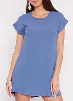 Womens Crepe Knit Short Sleeve Shift Dress, Blue, Size M