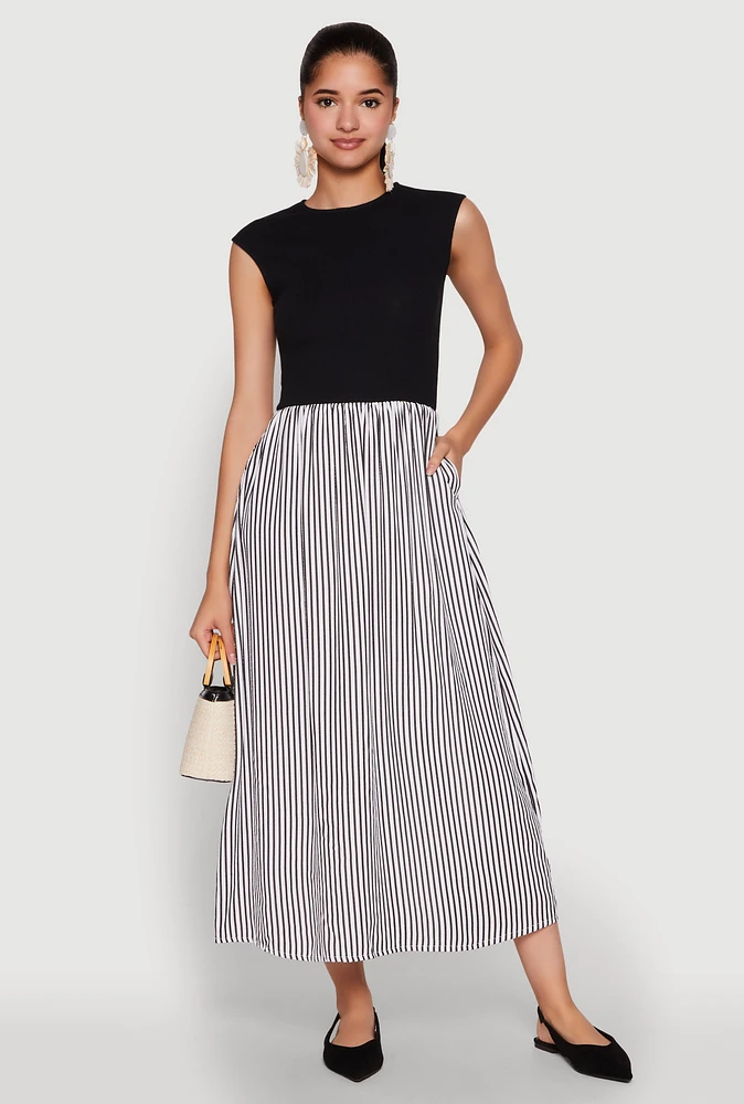 Womens Cap Sleeve Pinstripe Maxi Dress, Multi, Size S