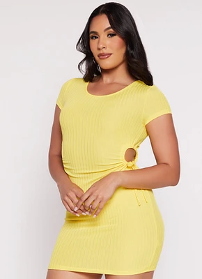 Womens Drawstring Side Cut Out Waist Bodycon Dress, Yellow, Size S