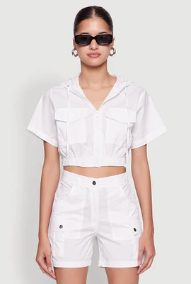 Womens Cropped Zip Front Hooded Blouse, White, Size XL