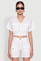 Womens Cropped Zip Front Hooded Blouse, White, Size XL