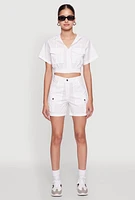 Womens Cropped Zip Front Hooded Blouse, White, Size XL