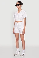 Womens Cropped Zip Front Hooded Blouse, White, Size XL
