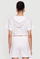 Womens Cropped Zip Front Hooded Blouse, White, Size XL