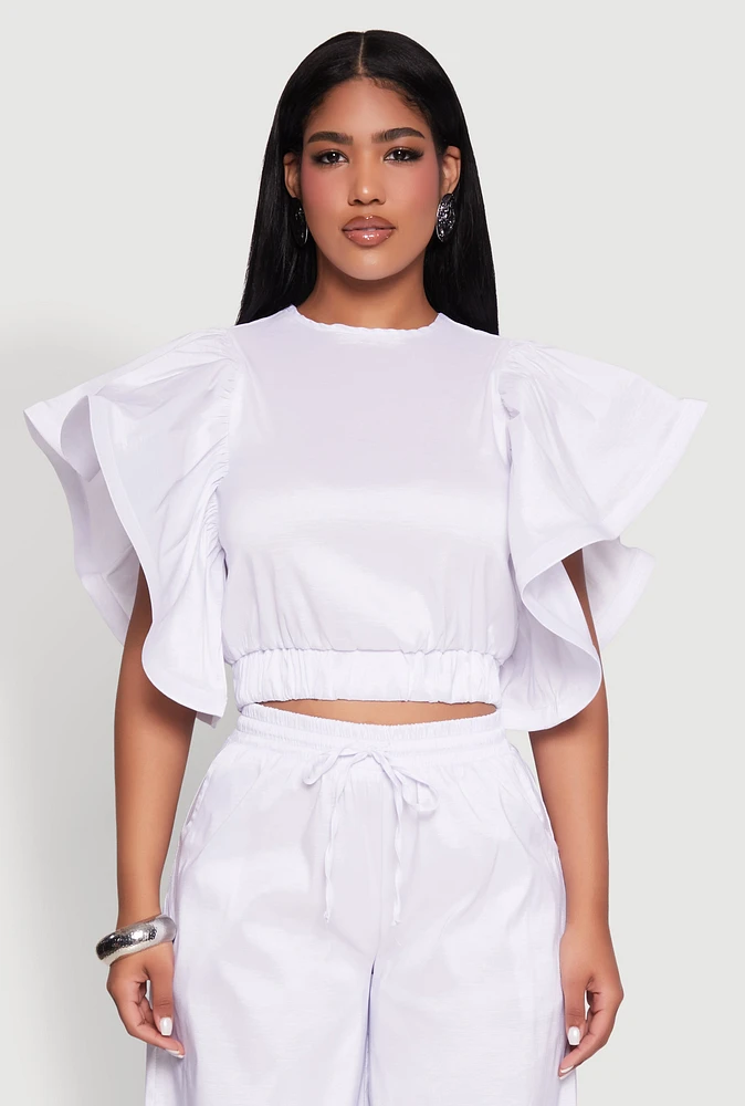 Womens Flutter Sleeve Crop Top, White, Size M
