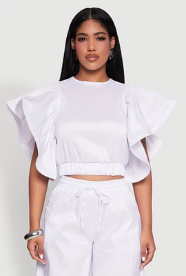 Womens Flutter Sleeve Crop Top, White, Size M