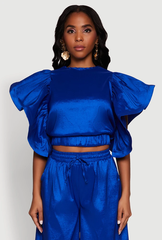 Womens Flutter Sleeve Crop Top, L