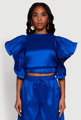 Womens Flutter Sleeve Crop Top, L