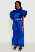 Womens Flutter Sleeve Crop Top, Blue,