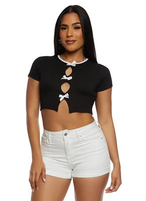 Womens Bow Cut Out Crop Top, Black, Size S