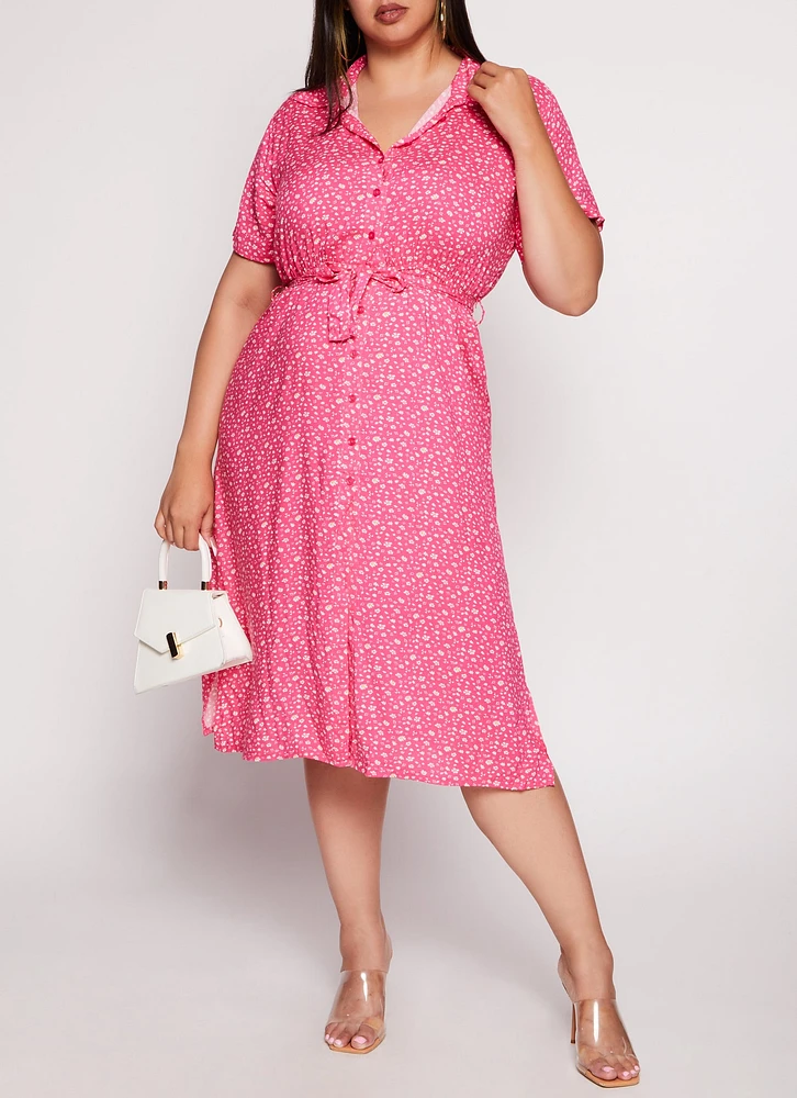 Womens Plus Size Floral Print Shirt Dress, Pink, Size 2X