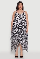 Womens Plus Size Border Print Sharkbite Hem Maxi Dress, Multi, Size 1X