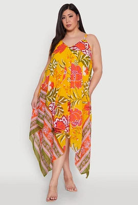 Womens Plus Size Floral Graphic Sharkbite Hem Dress, Yellow, Size 2X