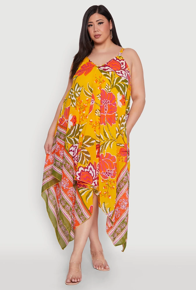 Womens Plus Size Floral Graphic Sharkbite Hem Dress, Yellow, Size 2X