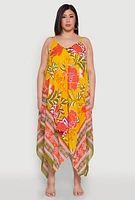 Womens Plus Size Floral Graphic Sharkbite Hem Dress, Yellow, Size 2X