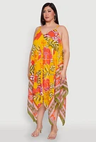 Womens Plus Size Floral Graphic Sharkbite Hem Dress, Yellow, Size 2X