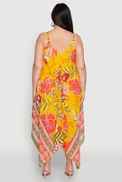Womens Plus Size Floral Graphic Sharkbite Hem Dress, Yellow, Size 2X