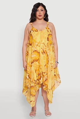 Womens Plus Floral Print V Neck Maxi Dress, Yellow,