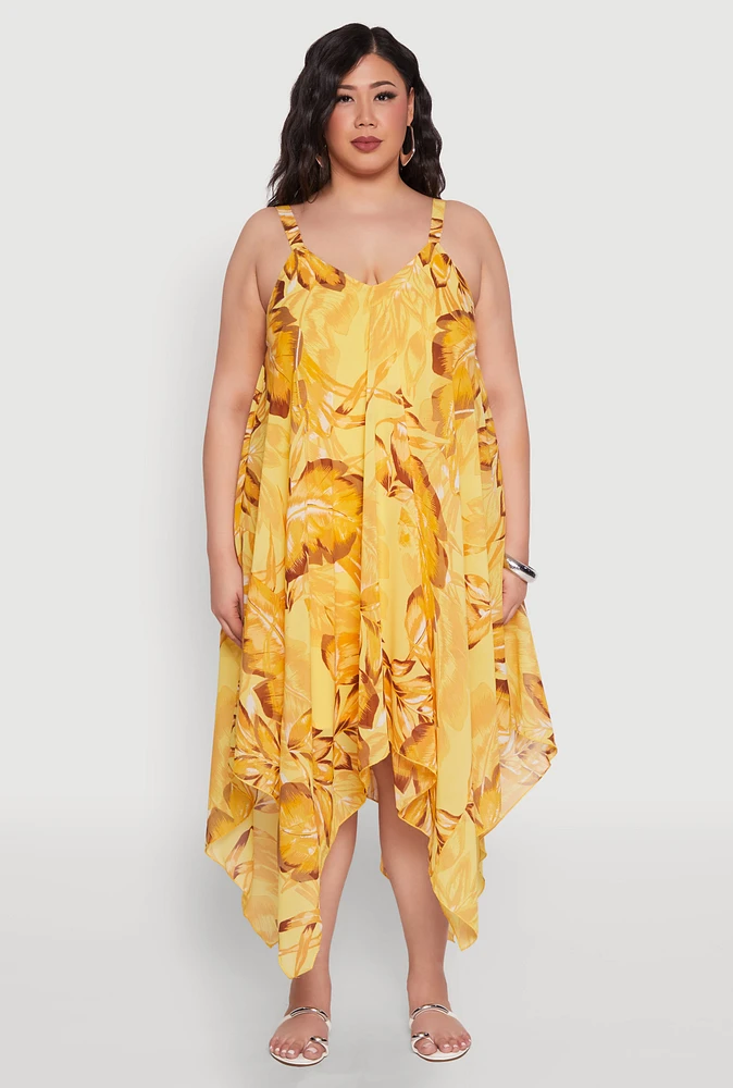 Womens Plus Size Floral Print V Neck Maxi Dress, Yellow, Size 3X