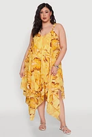 Womens Plus Floral Print V Neck Maxi Dress, Yellow,
