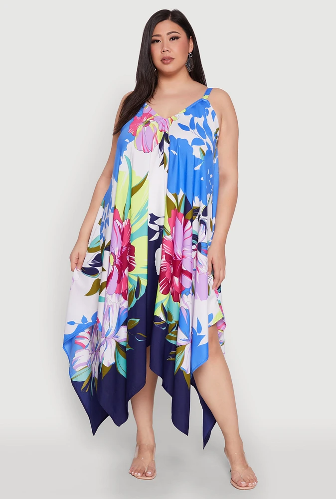Womens Plus Size Floral Border Print Sharkbite Hem Dress, Multi, Size 1X