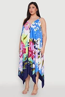 Womens Plus Size Floral Border Print Sharkbite Hem Dress, Multi, Size 1X