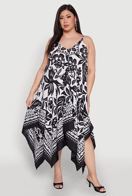 Womens Plus Size Border Floral Print Sharkbite Hem Dress, Multi, Size 2X