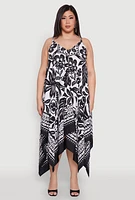 Womens Plus Size Border Floral Print Sharkbite Hem Dress, Multi, Size 2X