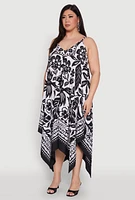 Womens Plus Size Border Floral Print Sharkbite Hem Dress, Multi, Size 2X