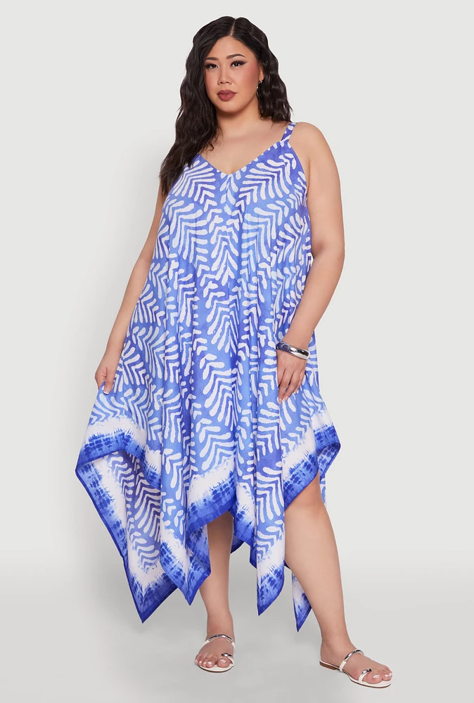 Womens Plus Size Printed Sharkbite Hem Dress, Blue, Size 3X
