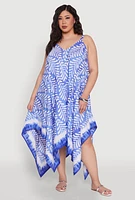 Womens Plus Size Printed Sharkbite Hem Dress, Blue, Size 3X
