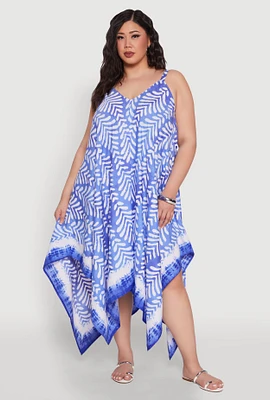 Womens Plus Size Printed Sharkbite Hem Dress, Blue, Size 1X