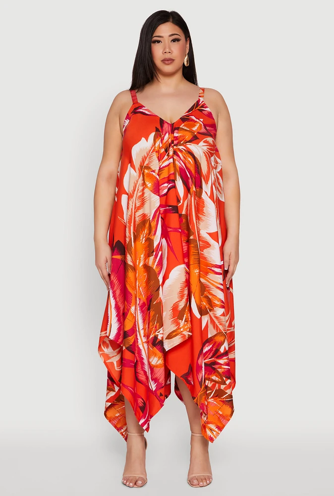 Womens Plus Size Leaf Print Sharkbite Hem Maxi Dress, Orange, Size 3X