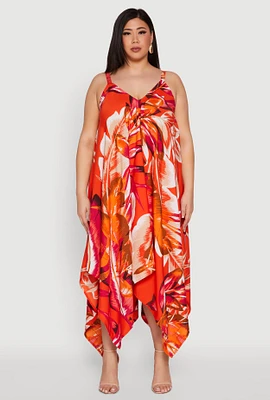 Womens Plus Size Leaf Print Sharkbite Hem Maxi Dress, Orange, Size 3X