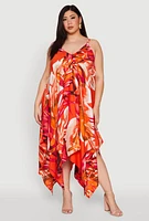 Womens Plus Size Leaf Print Sharkbite Hem Maxi Dress, Orange, Size 3X