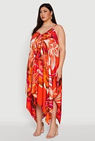 Womens Plus Size Leaf Print Sharkbite Hem Maxi Dress, Orange, Size 3X