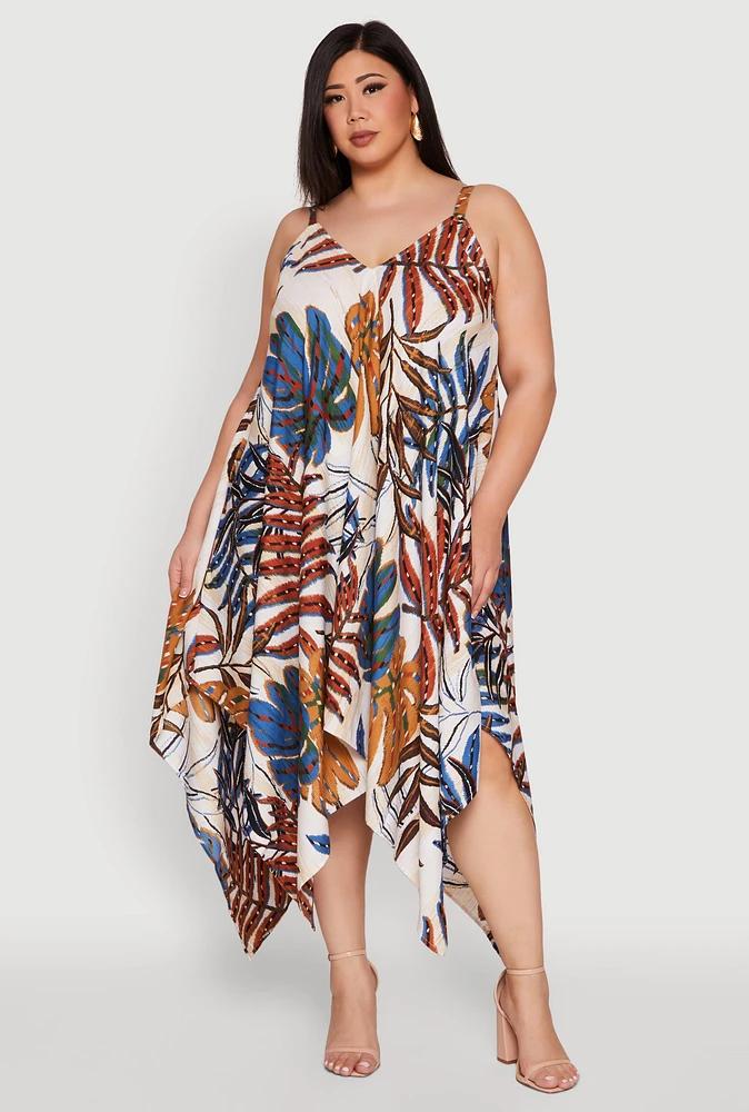 Womens Plus Size Leaf Print Sharkbite Hem Dress, Multi, Size 2X