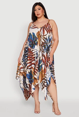 Womens Plus Size Leaf Print Sharkbite Hem Dress, Multi, Size 2X