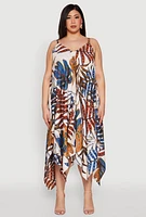 Womens Plus Leaf Print Sharkbite Hem Dress, Multi,