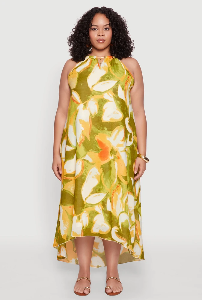 Womens Plus Size Floral Print Keyhole High Low Shift Dress, Green, Size 1X