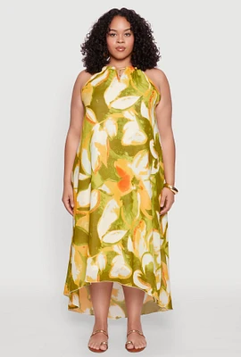 Womens Plus Size Floral Print Keyhole High Low Shift Dress, Green, Size 1X