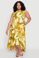 Womens Plus Size Floral Print Keyhole High Low Shift Dress, Green, Size 1X