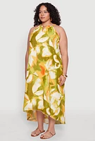 Womens Plus Size Floral Print Keyhole High Low Shift Dress, Green, Size 3X