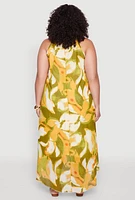 Womens Plus Size Floral Print Keyhole High Low Shift Dress, Green, Size 1X
