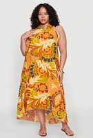 Womens Plus Size Boho Floral Print Keyhole High Low Dress, Yellow, Size 1X